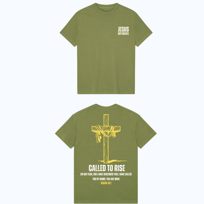 Green t-shirt with 'Jesus' text on front and cross graphic with text on back