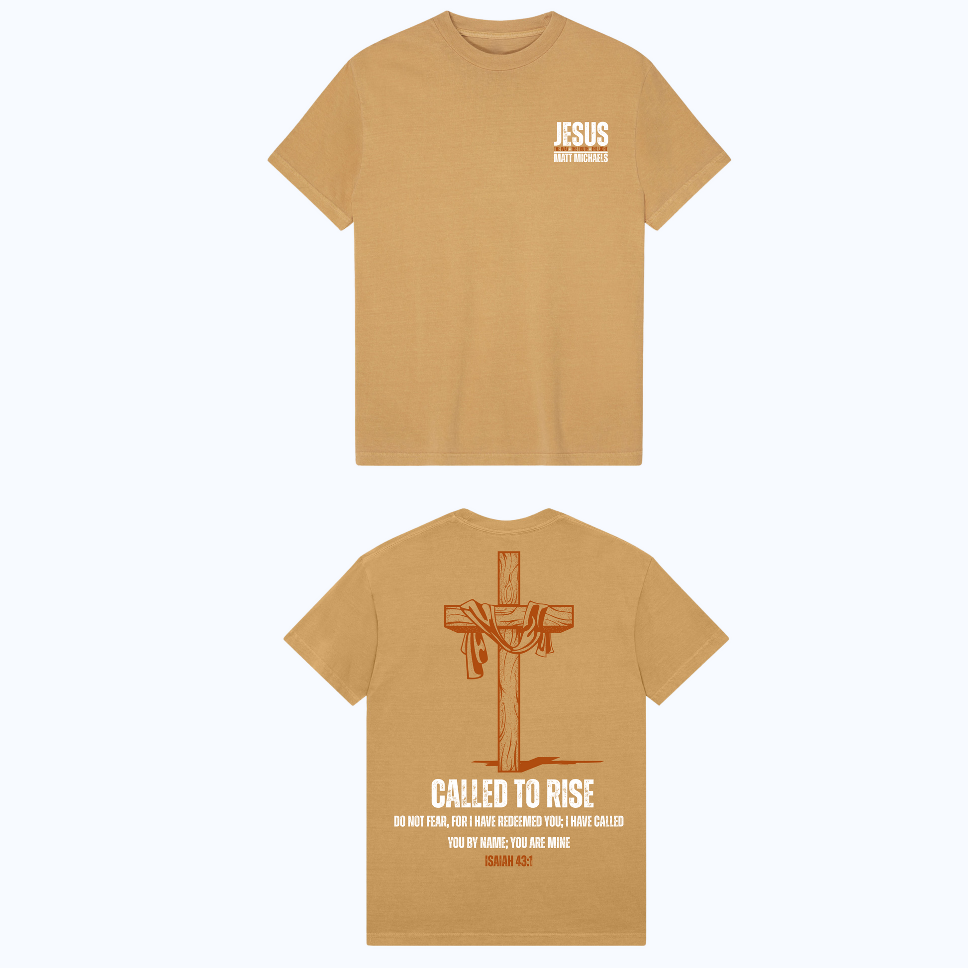 Brown t-shirt with 'Jesus' text on front and cross design with text on back