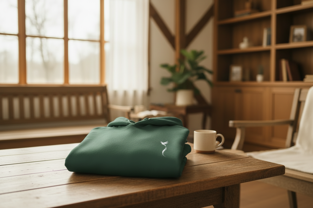 Folded forest green hoodie on wooden table