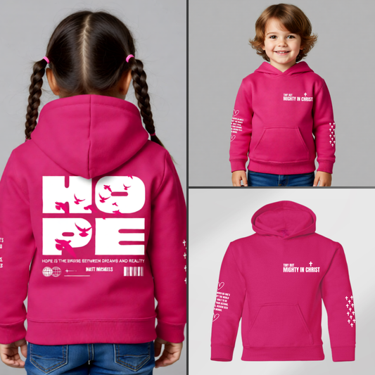 Collage of a pink hoodie worn by a child, showing front, back, and side views.