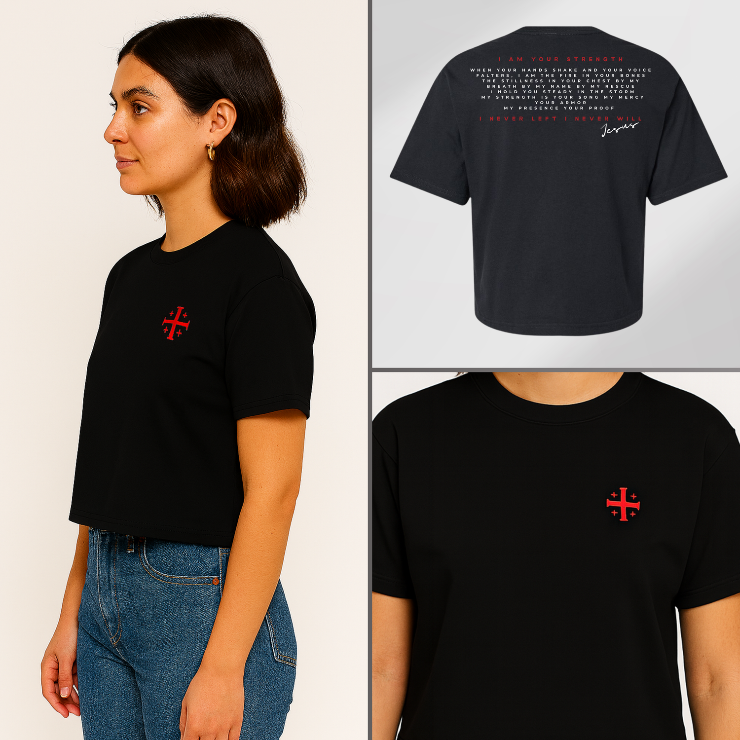 By His Name boxy tee – front view with embroidered cross