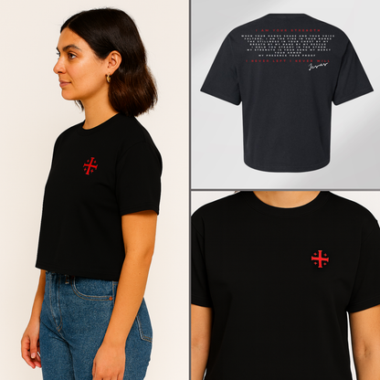 By His Name boxy tee – front view with embroidered cross
