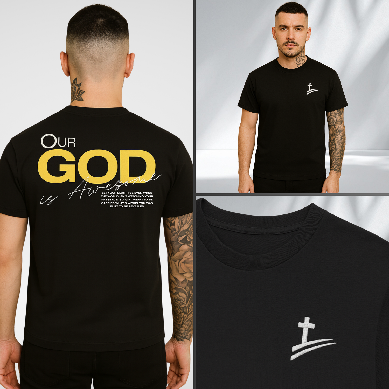 Black t-shirt with gold our god is awesome on the back and a white matt Michael's logo on the chest, worn by a person.