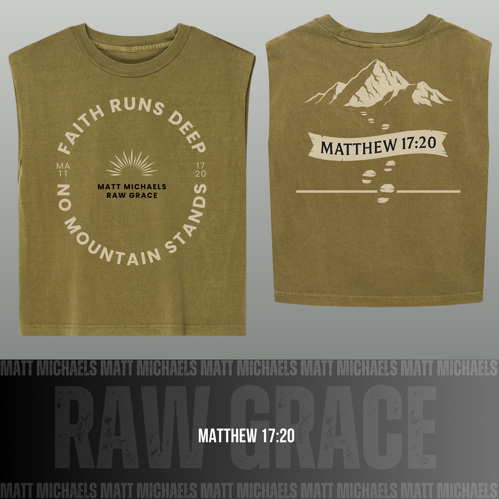 Olive green sleeveless shirt with text and mountain design on a gray background