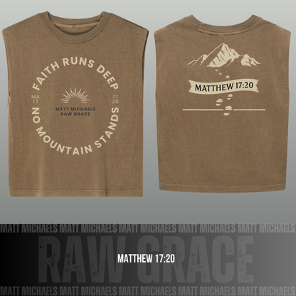 Brown sleeveless shirt with 'Raw Grace' branding and motivational text on a gray background