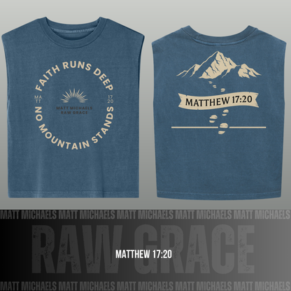 Blue sleeveless shirt with 'Faith Runs Deep' and mountain design on a gray background