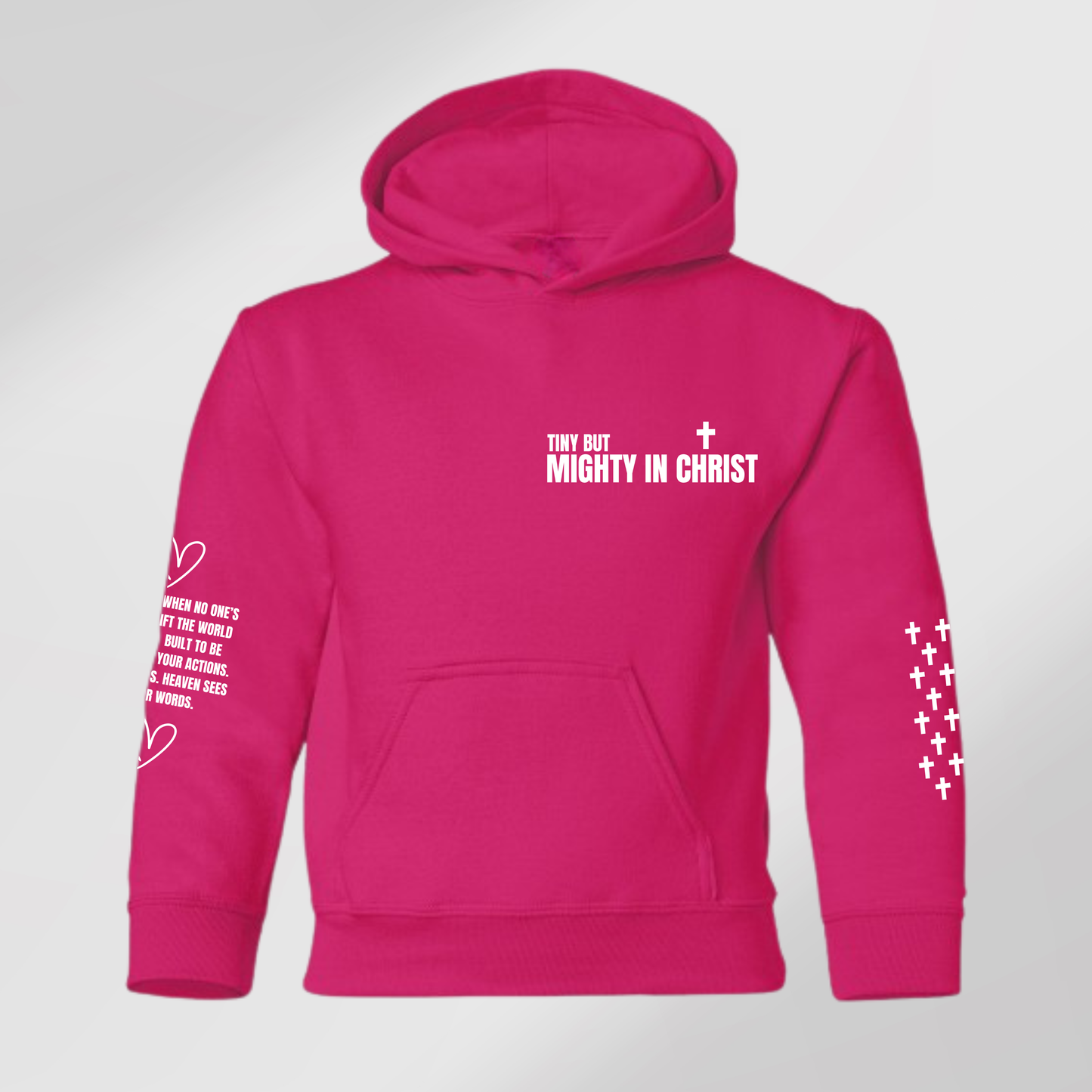 Pink hoodie with text and designs on a light gray background