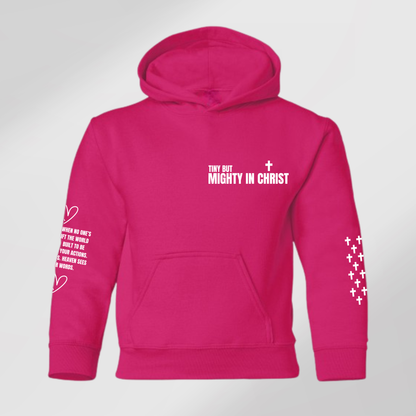 Pink hoodie with text and designs on a light gray background