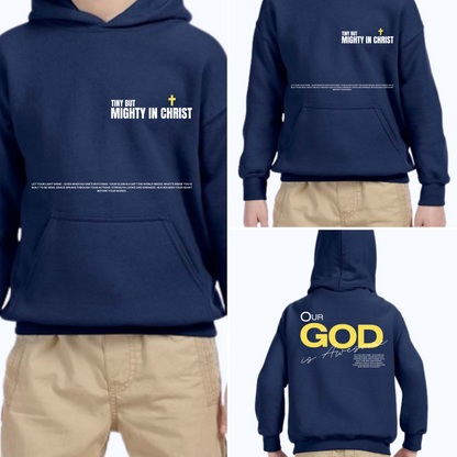 Navy blue hoodie with text and graphics on front and back, worn by a person.
