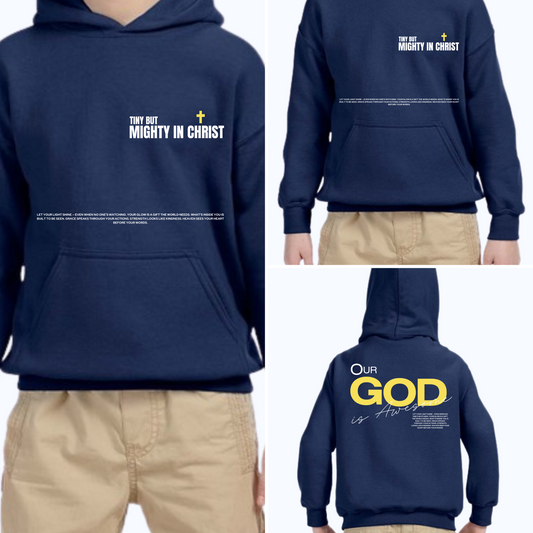 Navy blue hoodie with text and graphics on front and back, worn by a person.