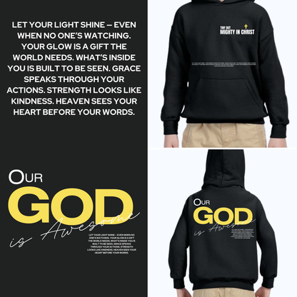 Black hoodie with text and 'Our God is Awesome' slogan, displayed on a white background.