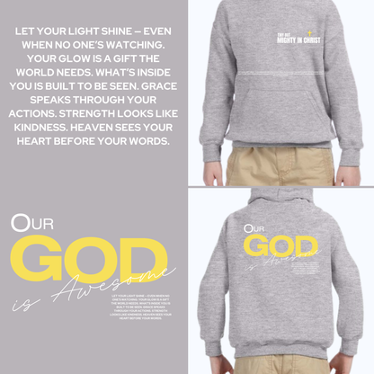 Gray hoodie with text on front and back, displayed on a person, with motivational quote on gray background.