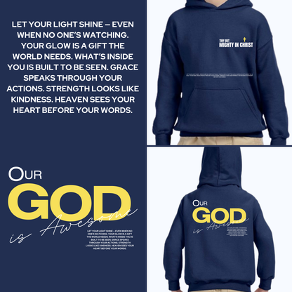 Navy blue hoodie with motivational text on front and back, displayed against a white background.