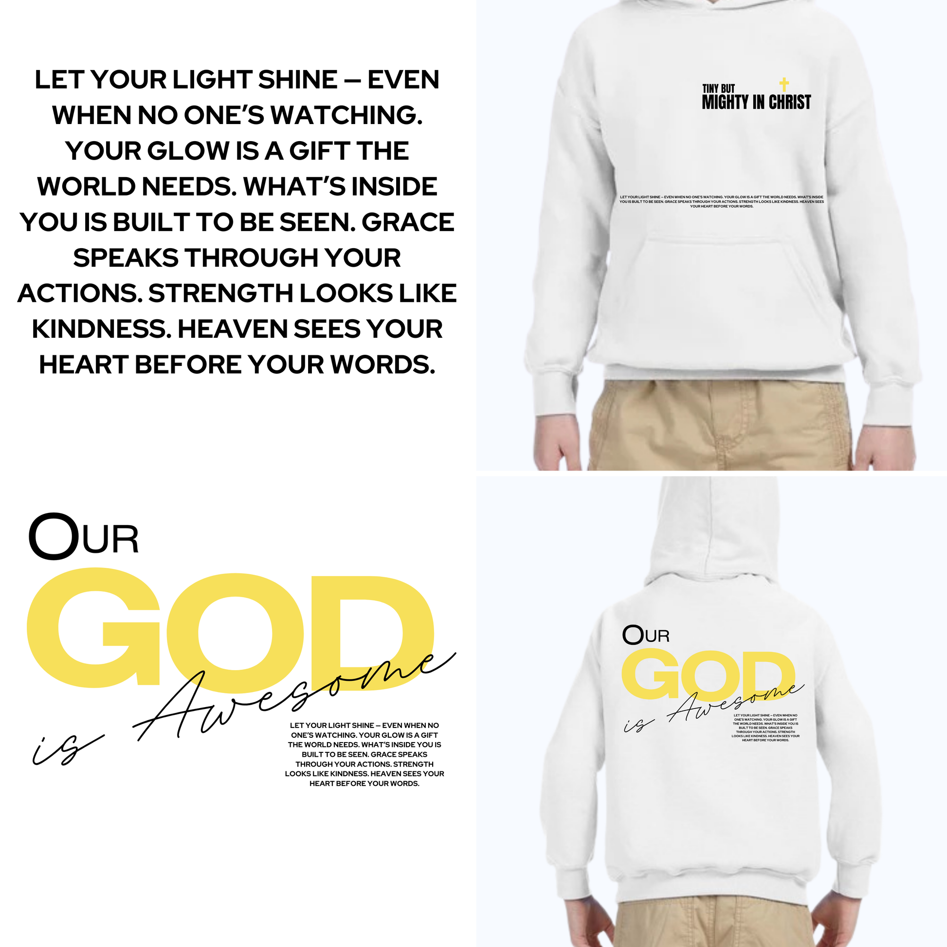 White hoodie with text on front and back, displayed on a person wearing beige pants.