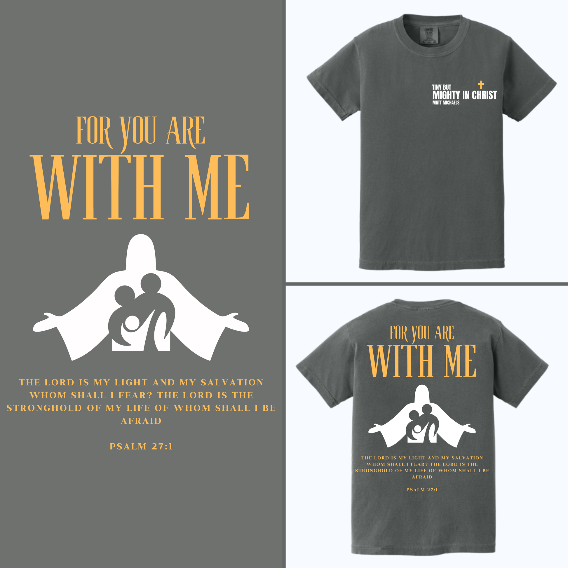 Gray t-shirt with religious design and text on a gray background