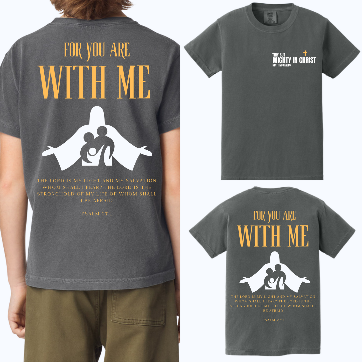 Gray t-shirt with religious design on the back, displayed on a person and shown from multiple angles.