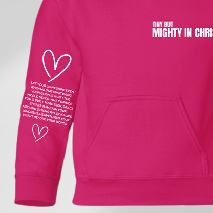 Pink hoodie with white text and hearts on a light gray background