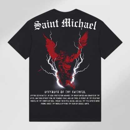 Back of black tee with Saint Michael prayer, st michael, and lightning graphic. Defender of the Faith design