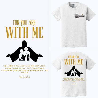 White t-shirt with black and gold graphic design and text on a white background